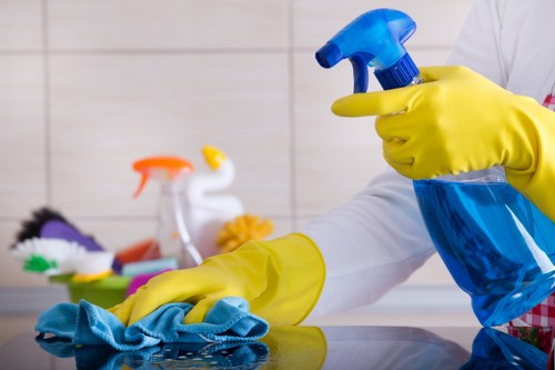 Professional inspecting a carpeted area for hazards before cleaning
